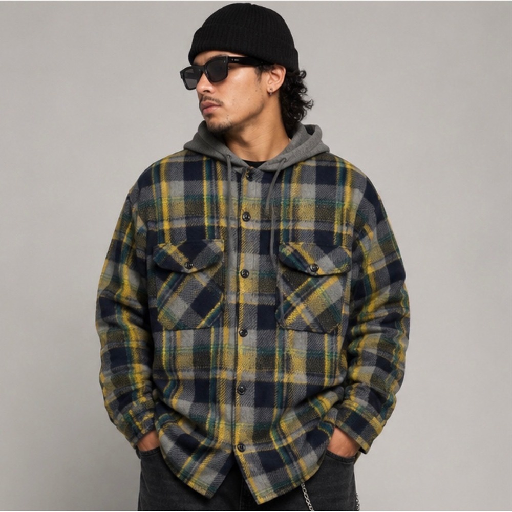 Oscar Sports Jacket Mens 2XL Plaid Fleece Hooded Sherpa Lined Shacket Flannel